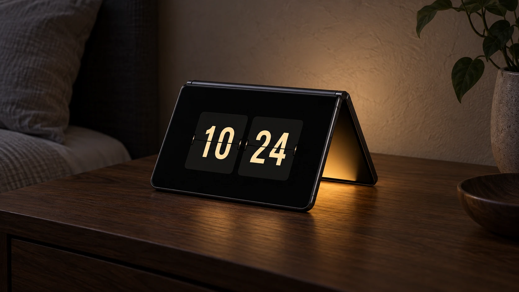 AI-generated concept illustration of a foldable phone showing a cover-screen clock and casting warm light from its inner display onto a bedside table