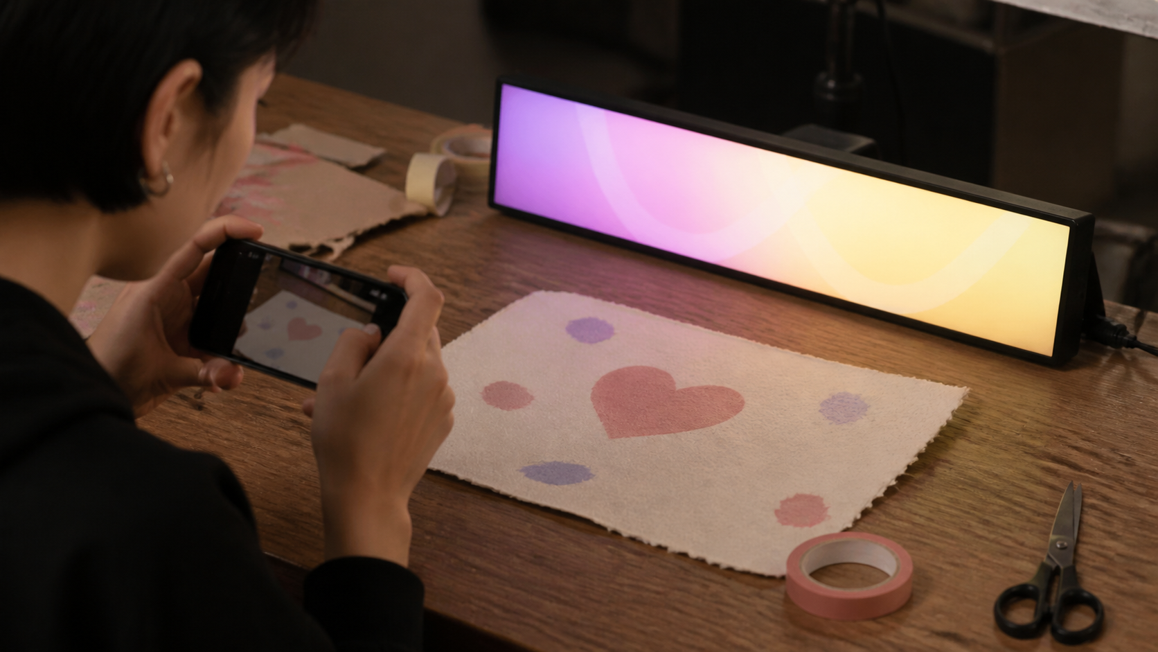 SmartLED editor and wide LED display preview on a desk