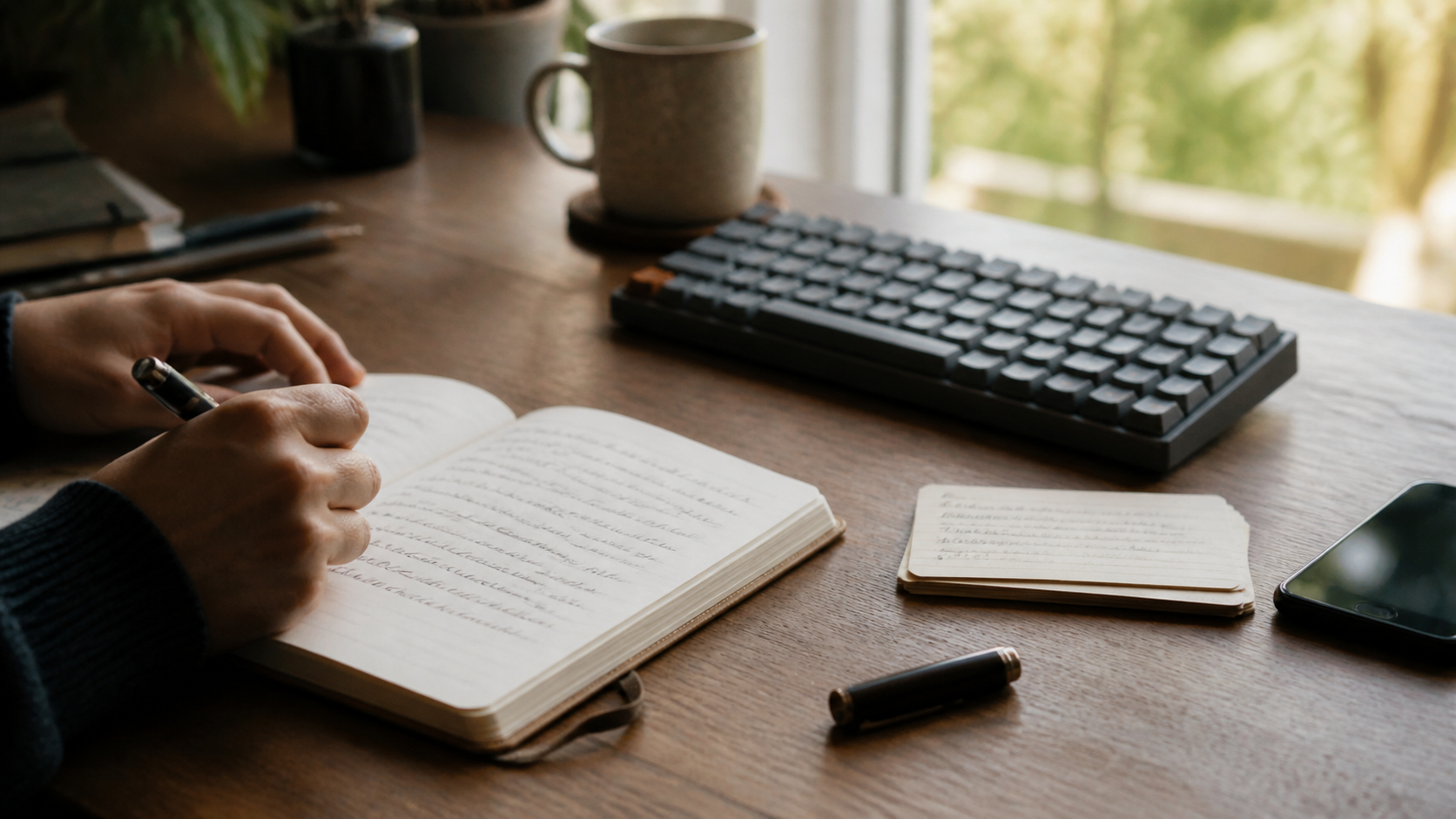 Text Shortcuts replacement rules and reusable phrase cards on a desk